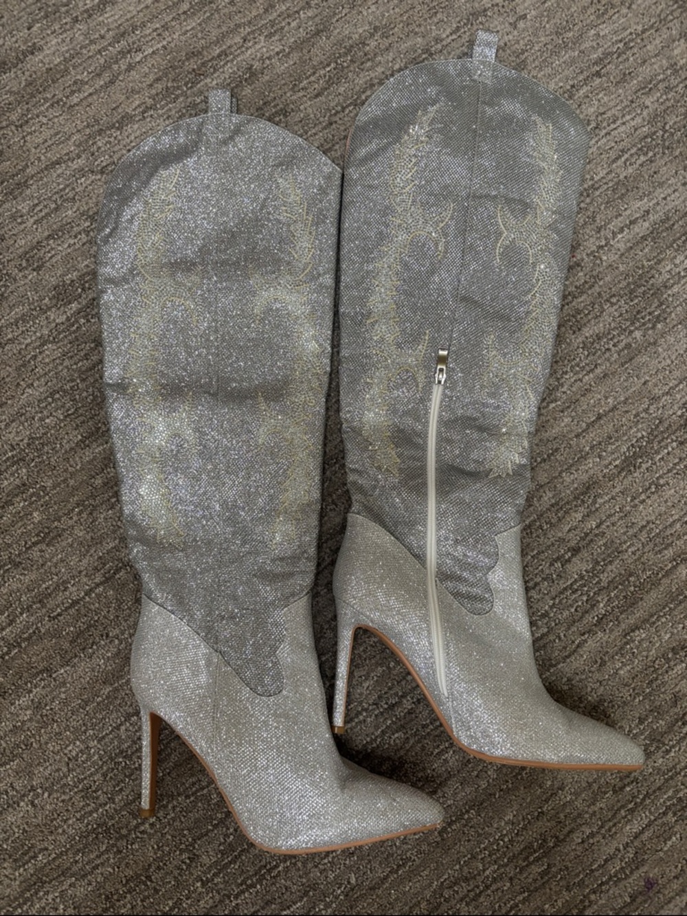 Silver Glitter Pointed-Toe Stiletto Knee Boots